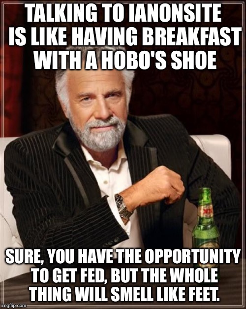 The Most Interesting Man In The World Meme | TALKING TO IANONSITE IS LIKE HAVING BREAKFAST WITH A HOBO'S SHOE SURE, YOU HAVE THE OPPORTUNITY TO GET FED, BUT THE WHOLE THING WILL SMELL L | image tagged in memes,the most interesting man in the world | made w/ Imgflip meme maker