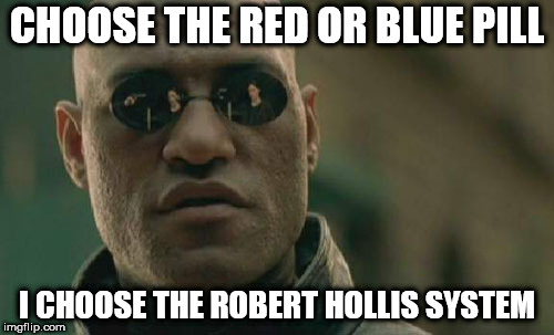 Matrix Morpheus Meme | CHOOSE THE RED OR BLUE PILL; I CHOOSE THE ROBERT HOLLIS SYSTEM | image tagged in memes,matrix morpheus | made w/ Imgflip meme maker