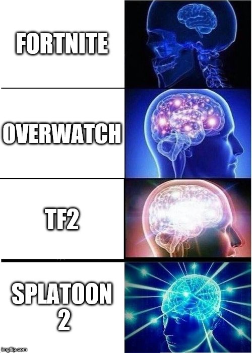 Expanding Brain | FORTNITE; OVERWATCH; TF2; SPLATOON 2 | image tagged in memes,expanding brain | made w/ Imgflip meme maker