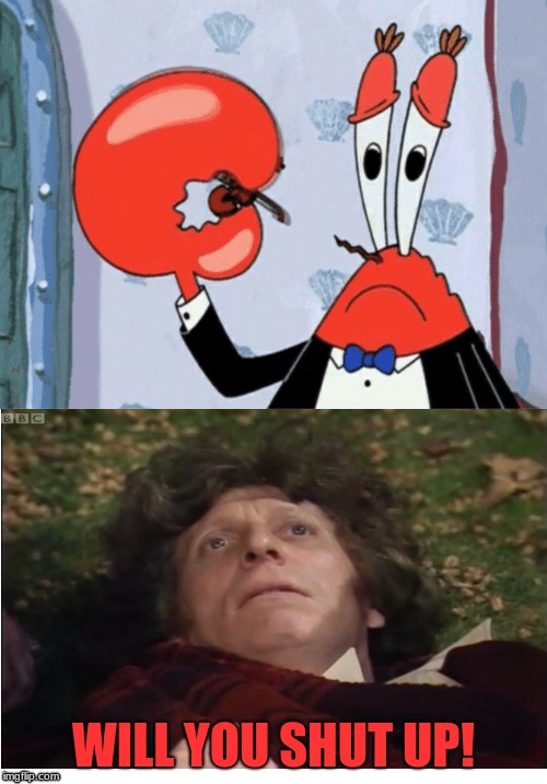 Fourth Doctor's actual last words | WILL YOU SHUT UP! | image tagged in spongebob,doctor who | made w/ Imgflip meme maker