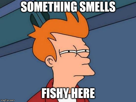 Futurama Fry Meme | SOMETHING SMELLS; FISHY HERE | image tagged in memes,futurama fry | made w/ Imgflip meme maker