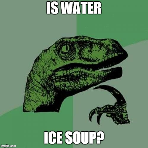 Philosoraptor Meme | IS WATER; ICE SOUP? | image tagged in memes,philosoraptor | made w/ Imgflip meme maker