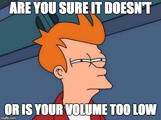 ARE YOU SURE IT DOESN'T OR IS YOUR VOLUME TOO LOW | image tagged in memes,futurama fry | made w/ Imgflip meme maker