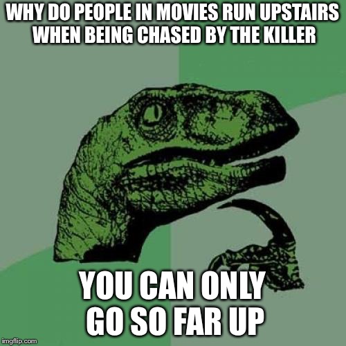 Philosoraptor | WHY DO PEOPLE IN MOVIES RUN UPSTAIRS WHEN BEING CHASED BY THE KILLER; YOU CAN ONLY GO SO FAR UP | image tagged in memes,philosoraptor | made w/ Imgflip meme maker