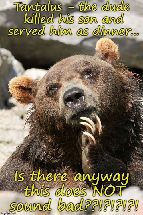 Thinking Bear | Tantalus - the dude killed his son and served him as dinner... Is there anyway this does NOT sound bad??!?!?!?! | image tagged in thinking bear | made w/ Imgflip meme maker