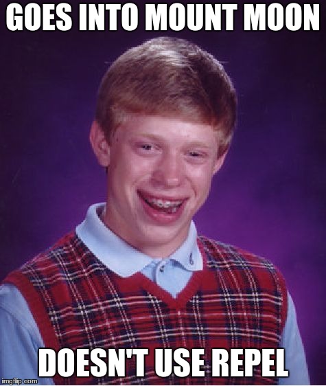 Bad Luck Brian Meme | GOES INTO MOUNT MOON; DOESN'T USE REPEL | image tagged in memes,bad luck brian | made w/ Imgflip meme maker