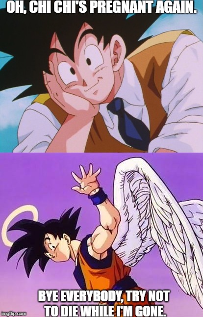 really goku. | OH, CHI CHI'S PREGNANT AGAIN. BYE EVERYBODY, TRY NOT TO DIE WHILE I'M GONE. | image tagged in messed up | made w/ Imgflip meme maker