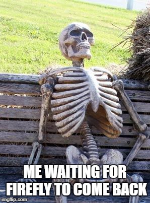 Waiting Skeleton | ME WAITING FOR FIREFLY TO COME BACK | image tagged in memes,waiting skeleton | made w/ Imgflip meme maker