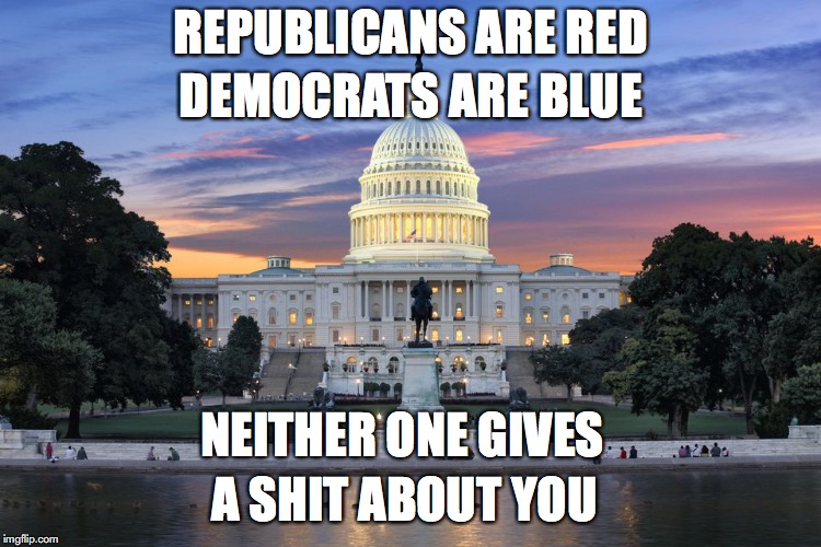 Washington DC swamp | REPUBLICANS ARE RED; DEMOCRATS ARE BLUE; NEITHER ONE GIVES; A SHIT ABOUT YOU | image tagged in washington dc swamp,political meme | made w/ Imgflip meme maker