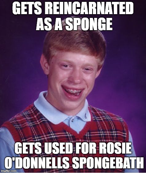 Bad Luck Brian Meme | GETS REINCARNATED AS A SPONGE GETS USED FOR ROSIE O'DONNELLS SPONGEBATH | image tagged in memes,bad luck brian | made w/ Imgflip meme maker