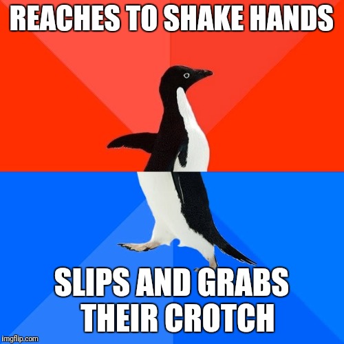 Socially Awesome Awkward Penguin Meme | REACHES TO SHAKE HANDS; SLIPS AND GRABS  THEIR CROTCH | image tagged in memes,socially awesome awkward penguin | made w/ Imgflip meme maker