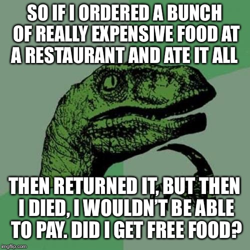 Food for thot | SO IF I ORDERED A BUNCH OF REALLY EXPENSIVE FOOD AT A RESTAURANT AND ATE IT ALL; THEN RETURNED IT, BUT THEN I DIED, I WOULDN’T BE ABLE TO PAY. DID I GET FREE FOOD? | image tagged in memes,philosoraptor | made w/ Imgflip meme maker
