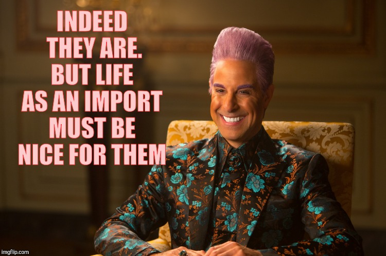 Hunger Games/Caesar Flickerman (Stanley Tucci) "heh heh heh" | INDEED  THEY ARE. BUT LIFE AS AN IMPORT MUST BE NICE FOR THEM | image tagged in hunger games/caesar flickerman stanley tucci heh heh heh | made w/ Imgflip meme maker