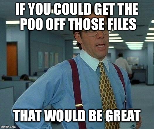 That Would Be Great Meme | IF YOU COULD GET THE POO OFF THOSE FILES THAT WOULD BE GREAT | image tagged in memes,that would be great | made w/ Imgflip meme maker