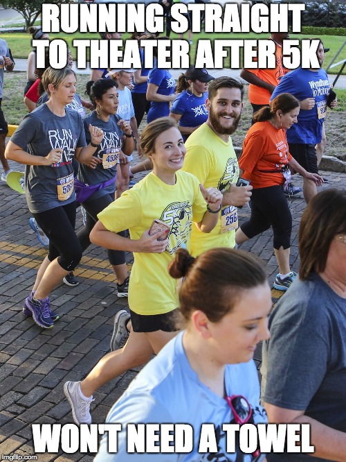 Ridiculously Photogenic Couple | RUNNING STRAIGHT TO THEATER AFTER 5K; WON'T NEED A TOWEL | image tagged in ridiculously photogenic couple | made w/ Imgflip meme maker
