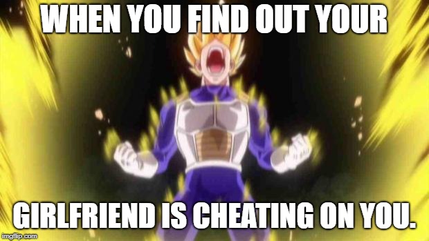 pissed off | WHEN YOU FIND OUT YOUR; GIRLFRIEND IS CHEATING ON YOU. | image tagged in vegeta | made w/ Imgflip meme maker