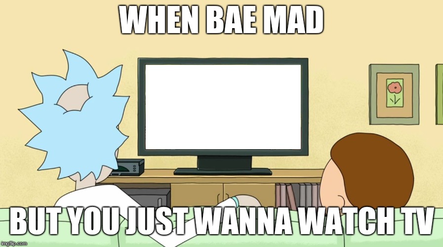 Rick and Morty: Inter-dimensional Cable | WHEN BAE MAD; BUT YOU JUST WANNA WATCH TV | image tagged in rick and morty inter-dimensional cable | made w/ Imgflip meme maker