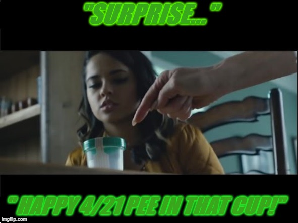Happy 4 21 | "SURPRISE..."; " HAPPY 4/21 PEE IN THAT CUP!" | image tagged in april 20th,420,421,surprise | made w/ Imgflip meme maker