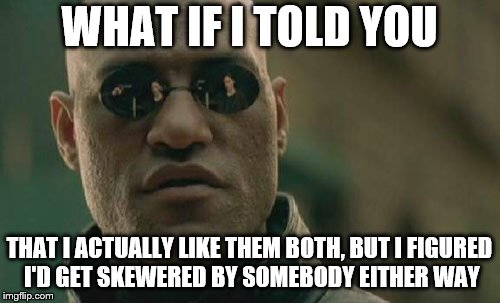 Matrix Morpheus Meme | WHAT IF I TOLD YOU THAT I ACTUALLY LIKE THEM BOTH, BUT I FIGURED I'D GET SKEWERED BY SOMEBODY EITHER WAY | image tagged in memes,matrix morpheus | made w/ Imgflip meme maker