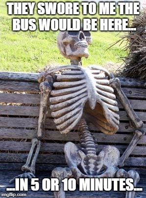 Waiting Skeleton | THEY SWORE TO ME THE BUS WOULD BE HERE... ...IN 5 OR 10 MINUTES... | image tagged in memes,waiting skeleton | made w/ Imgflip meme maker