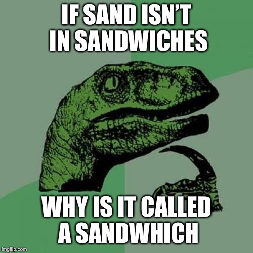 Philosoraptor Meme | IF SAND ISN’T IN SANDWICHES; WHY IS IT CALLED A SANDWHICH | image tagged in memes,philosoraptor | made w/ Imgflip meme maker