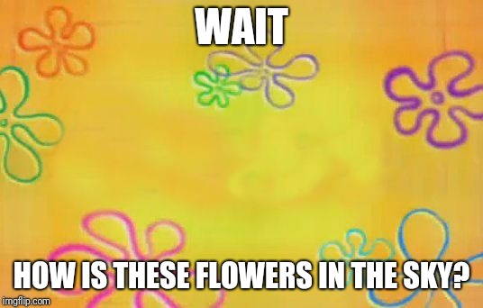 Spongebob time card background  | WAIT; HOW IS THESE FLOWERS IN THE SKY? | image tagged in spongebob time card background | made w/ Imgflip meme maker