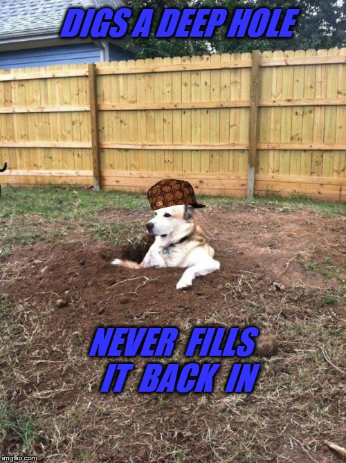 Scumbag Dog | DIGS A DEEP HOLE; NEVER  FILLS  IT  BACK  IN | image tagged in regret dog,scumbag,scumbag steve | made w/ Imgflip meme maker