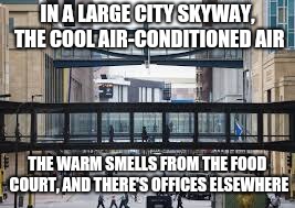 Hotel Office Building | IN A LARGE CITY SKYWAY, THE COOL AIR-CONDITIONED AIR; THE WARM SMELLS FROM THE FOOD COURT, AND THERE'S OFFICES ELSEWHERE | image tagged in hotel california,memes,funny,skyway,city,offices | made w/ Imgflip meme maker
