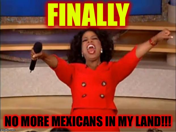 But she's Mexican isn't she? Ha I'm assuming race | FINALLY; NO MORE MEXICANS IN MY LAND!!! | image tagged in memes,oprah you get a,mexicans,funny memes,racism,donald trump | made w/ Imgflip meme maker