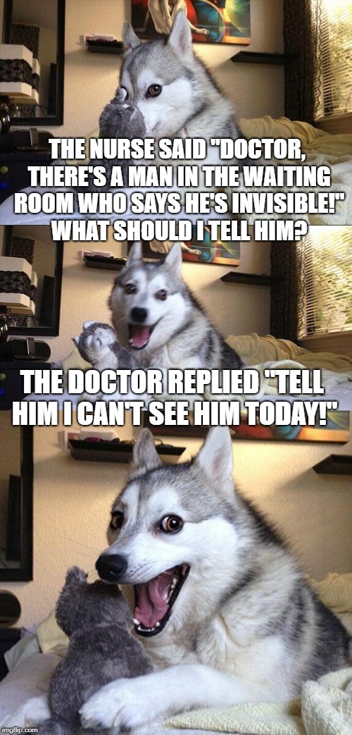 Bad Pun Dog | THE NURSE SAID "DOCTOR, THERE'S A MAN IN THE WAITING ROOM WHO SAYS HE'S INVISIBLE!" WHAT SHOULD I TELL HIM? THE DOCTOR REPLIED "TELL HIM I CAN'T SEE HIM TODAY!" | image tagged in memes,bad pun dog | made w/ Imgflip meme maker