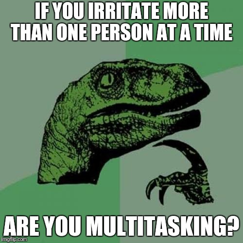 Philosoraptor Meme | IF YOU IRRITATE MORE THAN ONE PERSON AT A TIME; ARE YOU MULTITASKING? | image tagged in memes,philosoraptor,funny | made w/ Imgflip meme maker