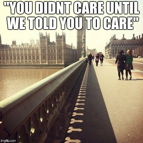 "YOU DIDNT CARE UNTIL WE TOLD YOU TO CARE" | image tagged in political meme | made w/ Imgflip meme maker