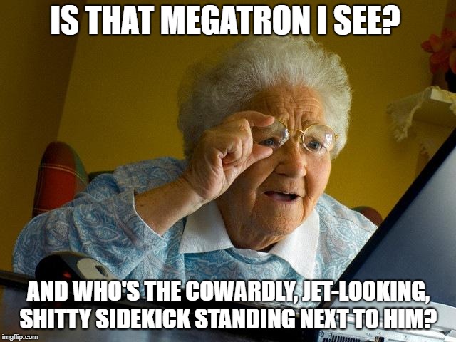 Grandma Finds The Internet | IS THAT MEGATRON I SEE? AND WHO'S THE COWARDLY, JET-LOOKING, SHITTY SIDEKICK STANDING NEXT TO HIM? | image tagged in memes,grandma finds the internet | made w/ Imgflip meme maker
