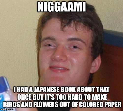 10 Guy Meme | N**GAAMI I HAD A JAPANESE BOOK ABOUT THAT ONCE BUT IT’S TOO HARD TO MAKE BIRDS AND FLOWERS OUT OF COLORED PAPER | image tagged in memes,10 guy | made w/ Imgflip meme maker
