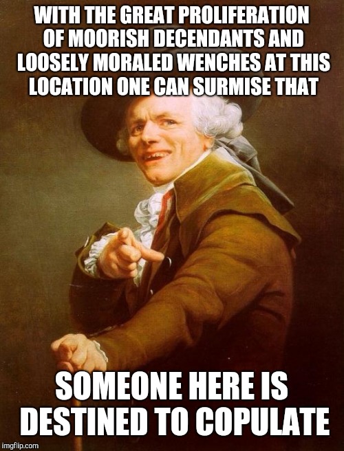 Joseph Ducreux Meme | WITH THE GREAT PROLIFERATION OF MOORISH DECENDANTS AND LOOSELY MORALED WENCHES AT THIS LOCATION ONE CAN SURMISE THAT; SOMEONE HERE IS DESTINED TO COPULATE | image tagged in memes,joseph ducreux | made w/ Imgflip meme maker