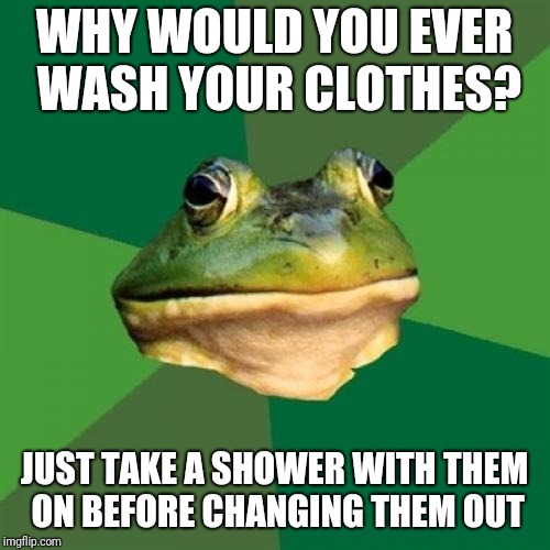 Foul Bachelor Frog | WHY WOULD YOU EVER WASH YOUR CLOTHES? JUST TAKE A SHOWER WITH THEM ON BEFORE CHANGING THEM OUT | image tagged in memes,foul bachelor frog | made w/ Imgflip meme maker