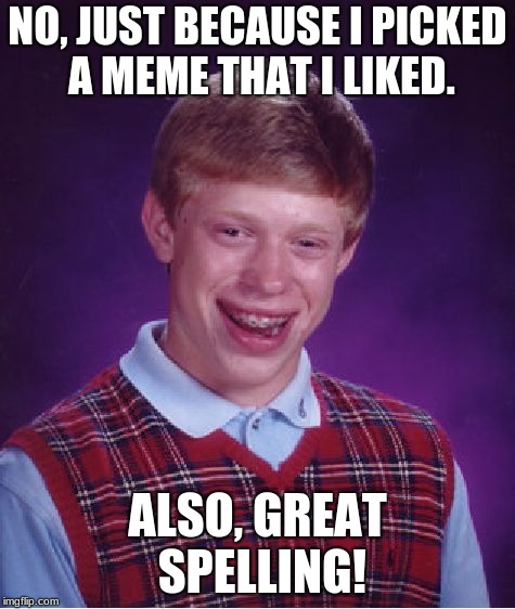 Bad Luck Brian Meme | NO, JUST BECAUSE I PICKED A MEME THAT I LIKED. ALSO, GREAT SPELLING! | image tagged in memes,bad luck brian | made w/ Imgflip meme maker