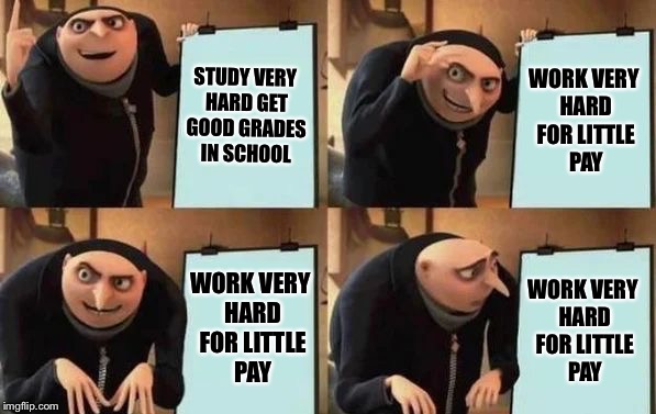 Gru's Plan | STUDY VERY HARD GET GOOD GRADES IN SCHOOL; WORK VERY HARD FOR LITTLE PAY; WORK VERY HARD FOR LITTLE PAY; WORK VERY HARD FOR LITTLE PAY | image tagged in gru's plan,memes,so true | made w/ Imgflip meme maker