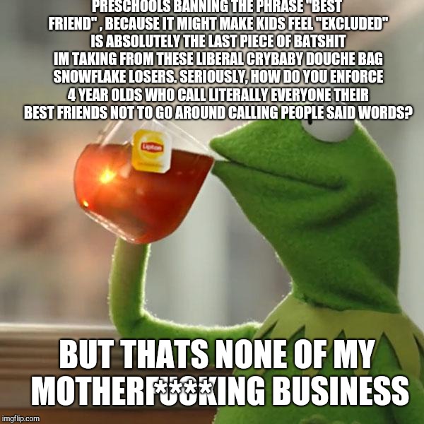 Maybe I should end my suffering... | PRESCHOOLS BANNING THE PHRASE "BEST FRIEND" , BECAUSE IT MIGHT MAKE KIDS FEEL "EXCLUDED" IS ABSOLUTELY THE LAST PIECE OF BATSHIT IM TAKING FROM THESE LIBERAL CRYBABY DOUCHE BAG SNOWFLAKE LOSERS. SERIOUSLY, HOW DO YOU ENFORCE 4 YEAR OLDS WHO CALL LITERALLY EVERYONE THEIR BEST FRIENDS NOT TO GO AROUND CALLING PEOPLE SAID WORDS? BUT THATS NONE OF MY MOTHERFUCKING BUSINESS; **** | image tagged in memes,but thats none of my business,kermit the frog,liberals | made w/ Imgflip meme maker