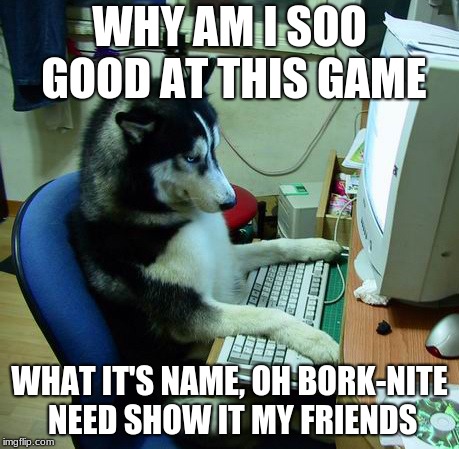 I Have No Idea What I Am Doing Meme | WHY AM I SOO GOOD AT THIS GAME; WHAT IT'S NAME, OH BORK-NITE NEED SHOW IT MY FRIENDS | image tagged in memes,i have no idea what i am doing | made w/ Imgflip meme maker