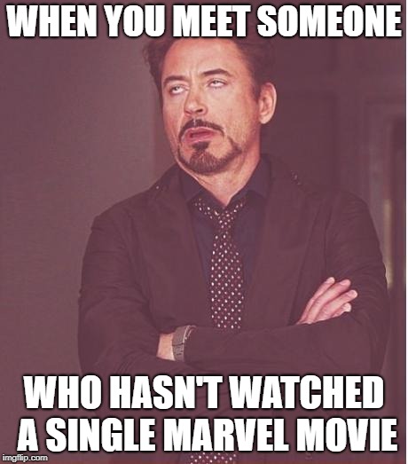 Face You Make Robert Downey Jr Meme | WHEN YOU MEET SOMEONE; WHO HASN'T WATCHED A SINGLE MARVEL MOVIE | image tagged in memes,face you make robert downey jr | made w/ Imgflip meme maker