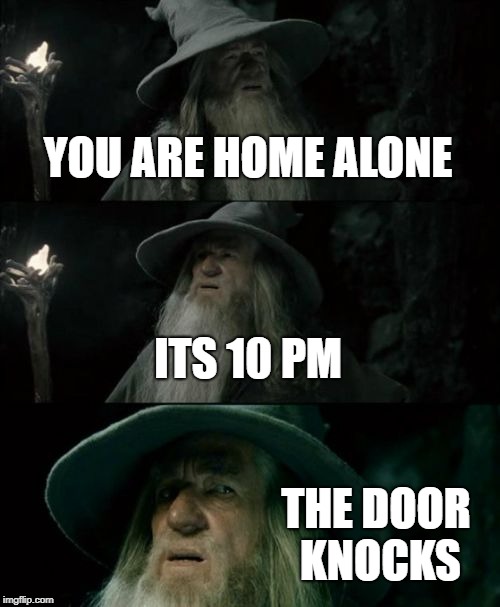 Confused Gandalf | YOU ARE HOME ALONE; ITS 10 PM; THE DOOR KNOCKS | image tagged in memes,confused gandalf | made w/ Imgflip meme maker