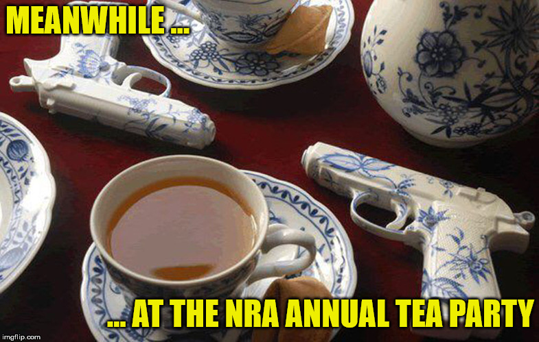 not to be confused with the T.E.A. party | MEANWHILE ... ... AT THE NRA ANNUAL TEA PARTY | image tagged in guns,nra,tea party | made w/ Imgflip meme maker