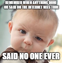 Skeptical Baby Meme | REMEMBER WHEN ANYTHING DONE OR SAID ON THE INTERNET WAS TRUE; SAID NO ONE EVER | image tagged in memes,skeptical baby | made w/ Imgflip meme maker