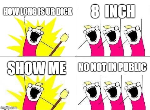 What Do We Want Meme | HOW LONG IS UR DICK; 8  INCH; NO NOT IN PUBLIC; SHOW ME | image tagged in memes,what do we want | made w/ Imgflip meme maker