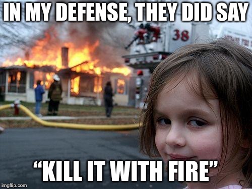 Disaster Girl | IN MY DEFENSE, THEY DID SAY; “KILL IT WITH FIRE” | image tagged in memes,disaster girl | made w/ Imgflip meme maker