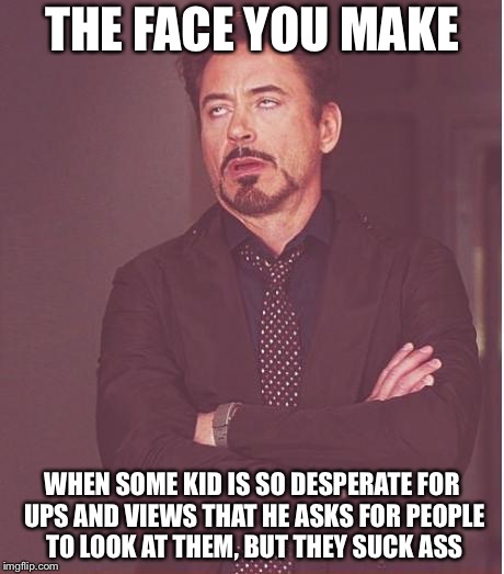 Face You Make Robert Downey Jr Meme | THE FACE YOU MAKE WHEN SOME KID IS SO DESPERATE FOR UPS AND VIEWS THAT HE ASKS FOR PEOPLE TO LOOK AT THEM, BUT THEY SUCK ASS | image tagged in memes,face you make robert downey jr | made w/ Imgflip meme maker