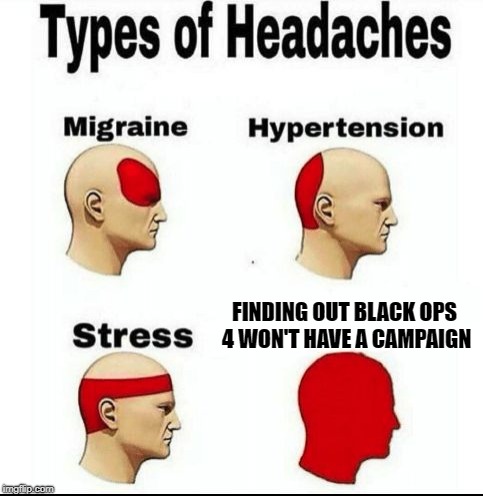 Types of Headaches meme | FINDING OUT BLACK OPS 4 WON'T HAVE A CAMPAIGN | image tagged in types of headaches meme,memes,funny,call of duty | made w/ Imgflip meme maker