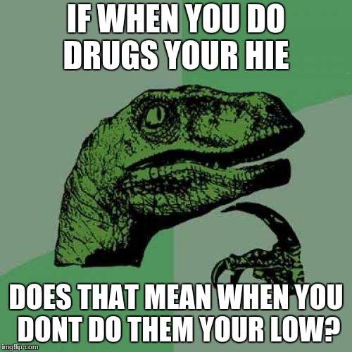 Philosoraptor | IF WHEN YOU DO DRUGS YOUR HIE; DOES THAT MEAN WHEN YOU DONT DO THEM YOUR LOW? | image tagged in memes,philosoraptor | made w/ Imgflip meme maker