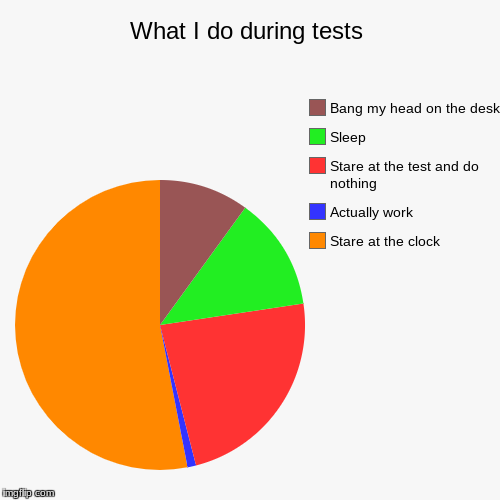 What I do during tests | Stare at the clock, Actually work, Stare at the test and do nothing, Sleep, Bang my head on the desk | image tagged in funny,pie charts | made w/ Imgflip chart maker